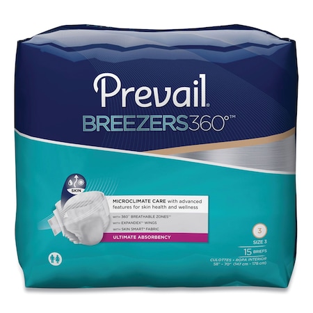 Prevail Breezers360 Degree Briefs, Ultimate Absorbency, Size 3, 58" to 70" Waist, 60PK PVBNG-014